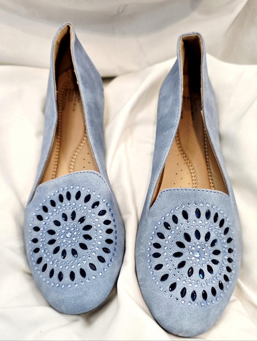 Blue Vegan Suede Loafer Flats Jeweled Studded Slip On Sz 7 Sparkly Bling